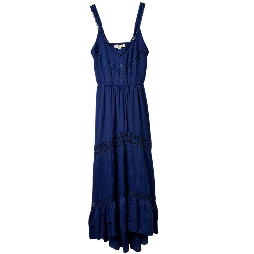 Floral Lace Sleeveless Tiered Maxi Dress Navy Blue Romantic Beach Vacation 2806 - Picture 2 of 6